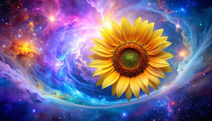 Cosmic sunflower glowing in the center of a swirling galaxy with pastel tones around