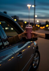 Naklejka premium Hands exchange smoothie from car window at night