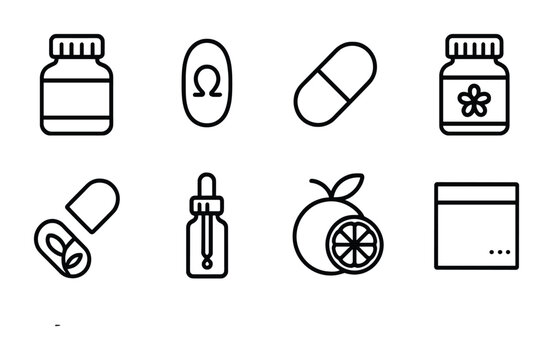 Vitamin Icon Set. Outline icon set of vitamins and supplements: vitamin bottle, omega capsule, multivitamin