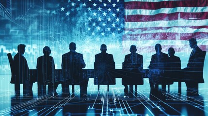 Silhouettes of business people in a meeting room with an American flag in the background.