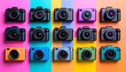 Vibrant flat lay of action cameras on colorful paper background with neon hues and details