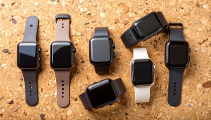 Diverse selection of vibrant smartwatch bands displayed on cork background in flat lay