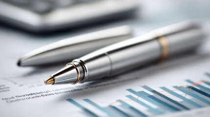 Elegant silver pen resting on financial documents with bar graphs during a business meeting in a modern office setting