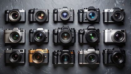 Captivating flat lay of various compact cameras on slate with stylish metallic background
