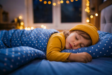 Young child sleeping peacefully under blue polka dot blanket with yellow hat night cozy