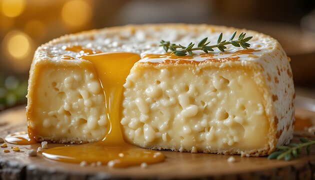 a cross-section of a creamy, rich baked camembert cheese, with a drizzle of honey and a few sprigs of thyme. 
