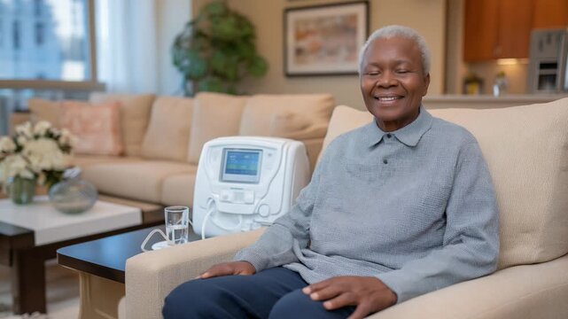 Experience home dialysis with a compact, high-detail portable device, perfect for sunny living rooms.