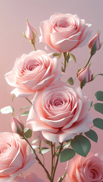 "Elegant soft pink roses with delicate petals and buds on pastel gradient background, romantic floral artwork perfect for wedding, love, and luxury decorative design"