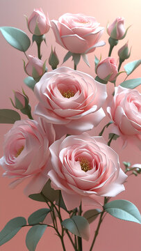 "Elegant soft pink roses with delicate petals and buds on pastel gradient background, romantic floral artwork perfect for wedding, love, and luxury decorative design"