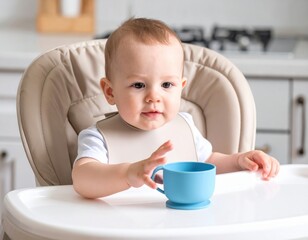 A curious baby in a high chair reaches for a blue cup in a bright, modern kitchen setting.