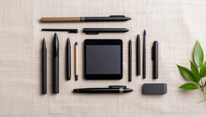 Vibrant flat lay of digital styluses and accessories on soft linen background with hues