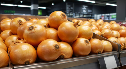 Fresh Yellow Onions in a Bin at the Supermarket