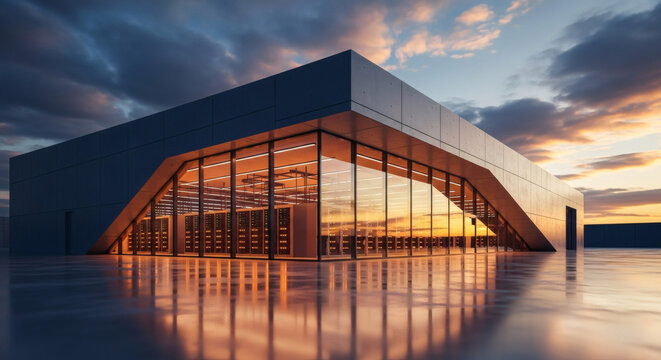 Modern Exterior Datacenter Building Architecture with Glass Facade and Sunset Sky