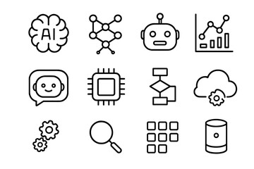 AI Icon Set. Outline icon set of artificial intelligence: AI brain, neural network, robot face, machine