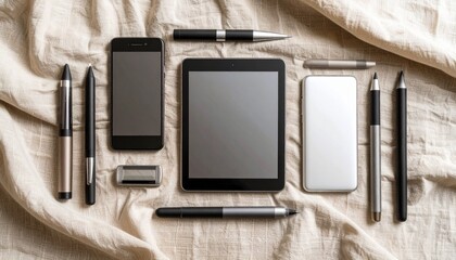 Vibrant flat lay composition of tablet, pen, and smartphone on linen background with hues