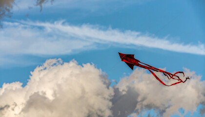 Red kite flying in blue sky with clouds