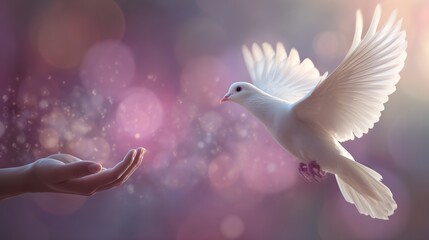 Fototapeta premium White dove flying from an open hand against a dreamy bokeh background symbolizing freedom