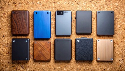 Captivating flat lay of latest smartphone series arranged on natural cork background with drives