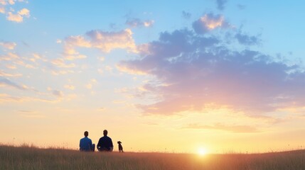 Senior couple with dog watching sunset