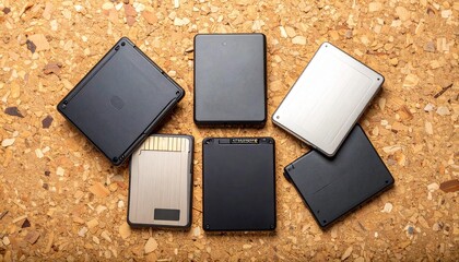 Vibrant flat lay of multiple external storage devices displayed on a stylish cork background