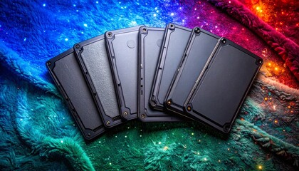 Colorful flat lay composition of black cases on a bright and icy background surface