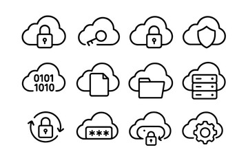 Obraz premium Cloud Security Icons. Outline icon set of cloud encryption: lock, key, padlock, cloud, shield, binary numbers,