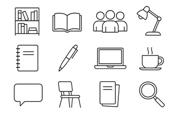 Library Study Icons. Outline icon set of library study sessions: bookshelf, open book, student group, lamp,