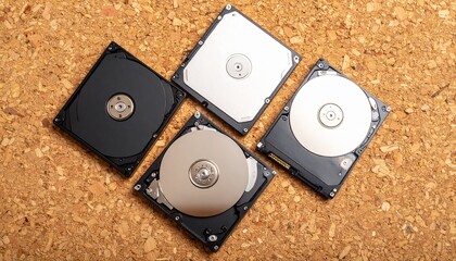 Vibrant flat lay of three portable hard drives on a cork background with bold hues