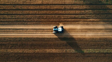 Aerial view of a tractor plowing a field, kicking up dust as it works the land.