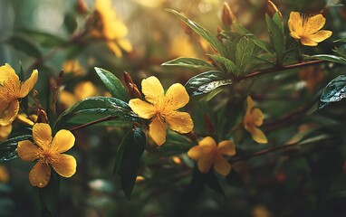 Sunlight illuminates yellow hypericum flowers amidst lush, dark green leaves in a natural setting