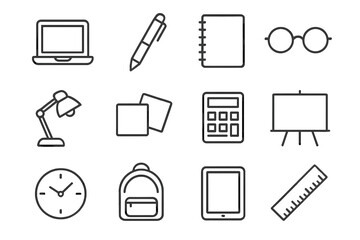 Study Tools Icons. Outline icon set of study tools abroad: laptop, pen, notebook, glasses, desk lamp, sticky