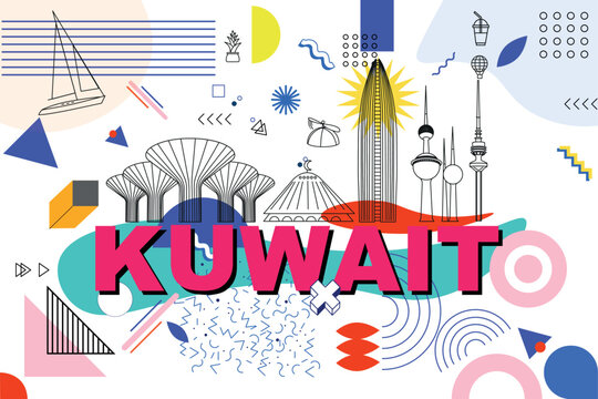 Kuwait culture travel set, famous architectures, specialties in flat design. Memphis business travel and tourism concept clipart. Image for presentation, banner, website, advert, flyer, roadmap, icons