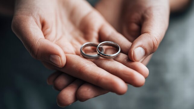 A tender moment showing wedding rings resting gently in open hands, symbolizing love and commitment.