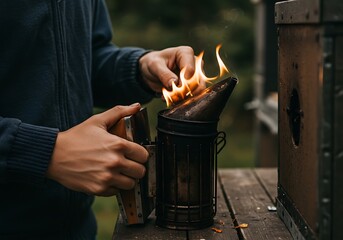 Beekeeper using smoker for calm
