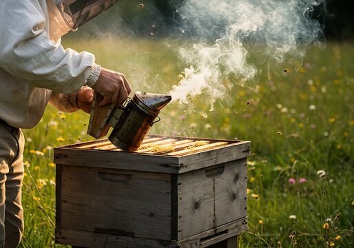 Beekeeper smokes beehive outdoor