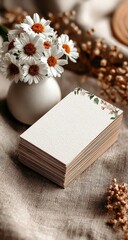 Stack of blank cards, white daisies in vase, earthy tones