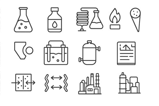 Innovative Recycling Icons. Outline icon set of innovative recycling methods: chemical reactor, solvent bottle