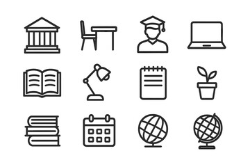 Study Space Icons. Outline icon set of higher education study spaces: library building, desk, chair, student,
