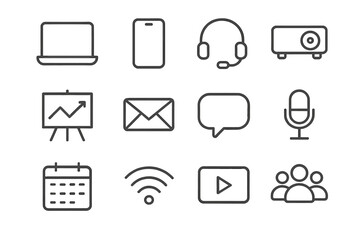 Business Tools Icons. Outline icon set of business communication tools: laptop, smartphone, headset, projector