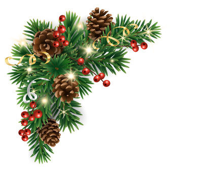 Christmas corner decoration with pine cones, fir branches, holly berries, glowing lights, ribbons. Great for festive banners, greeting cards, party designs. Transparent background in vector file.