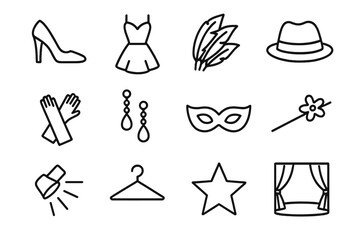 Fototapeta premium Dance Costume Icons. Outline icon set of dance costumes for runway: high heels, dress, feathers, hat, gloves,
