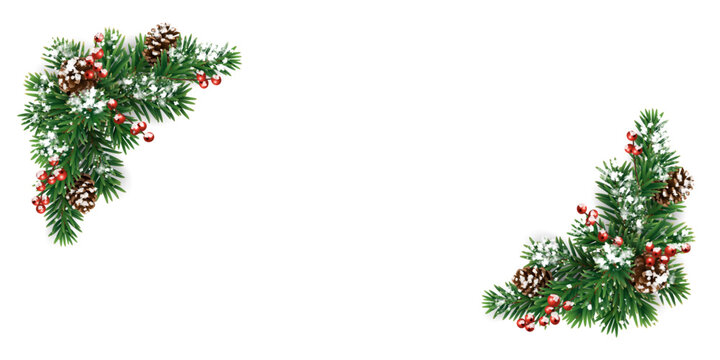 Christmas corner garland with snowy fir branches, pine cones, and holly berries. Frosty festive design for winter banners, cards, invitations, posters. Transparent background in vector file.