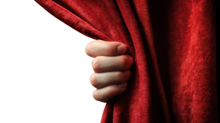 hand opening red curtain isolated on white or transparent png