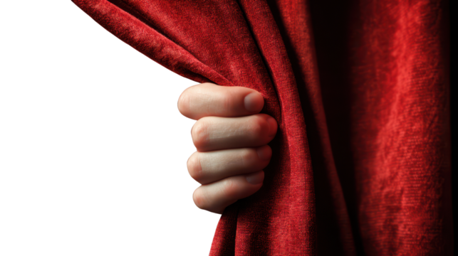 hand opening red curtain isolated on white or transparent png