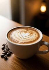 Latte art heart design in white coffee cup on wooden table.