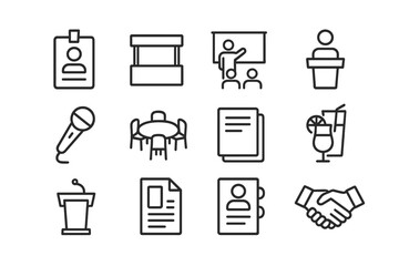 Event Networking Icons. Outline icon set of event networking: conference pass, booth stand, presentation stage