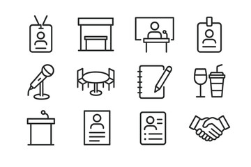 Event Networking Icons. Outline icon set of event networking: conference pass, booth stand, presentation stage