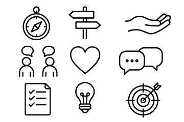 Friendship Guidance Icons. Outline icon set of friendship guidance: compass, road signs, supportive hand, two