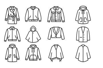 Outerwear Icon Set. Outline icon set of lightweight outerwear: trench coat, bomber jacket, denim jacket,