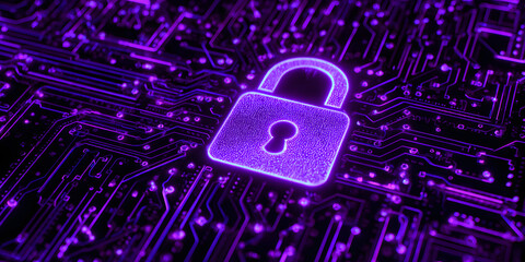 Cyber security concept. Padlock on circuit board bacground neon purple createdwith AI